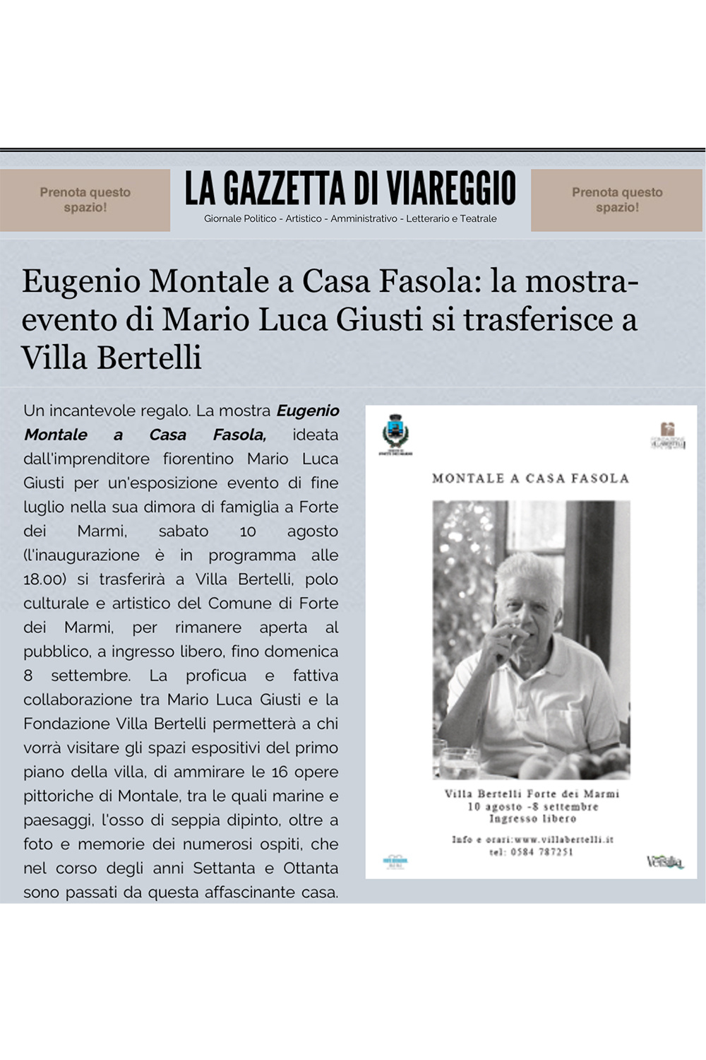 Eugenio Montale a Casa Fasola: La Mostra-Evento di Mario Luca Giusti Si Trasferisce a Villa Bertelli