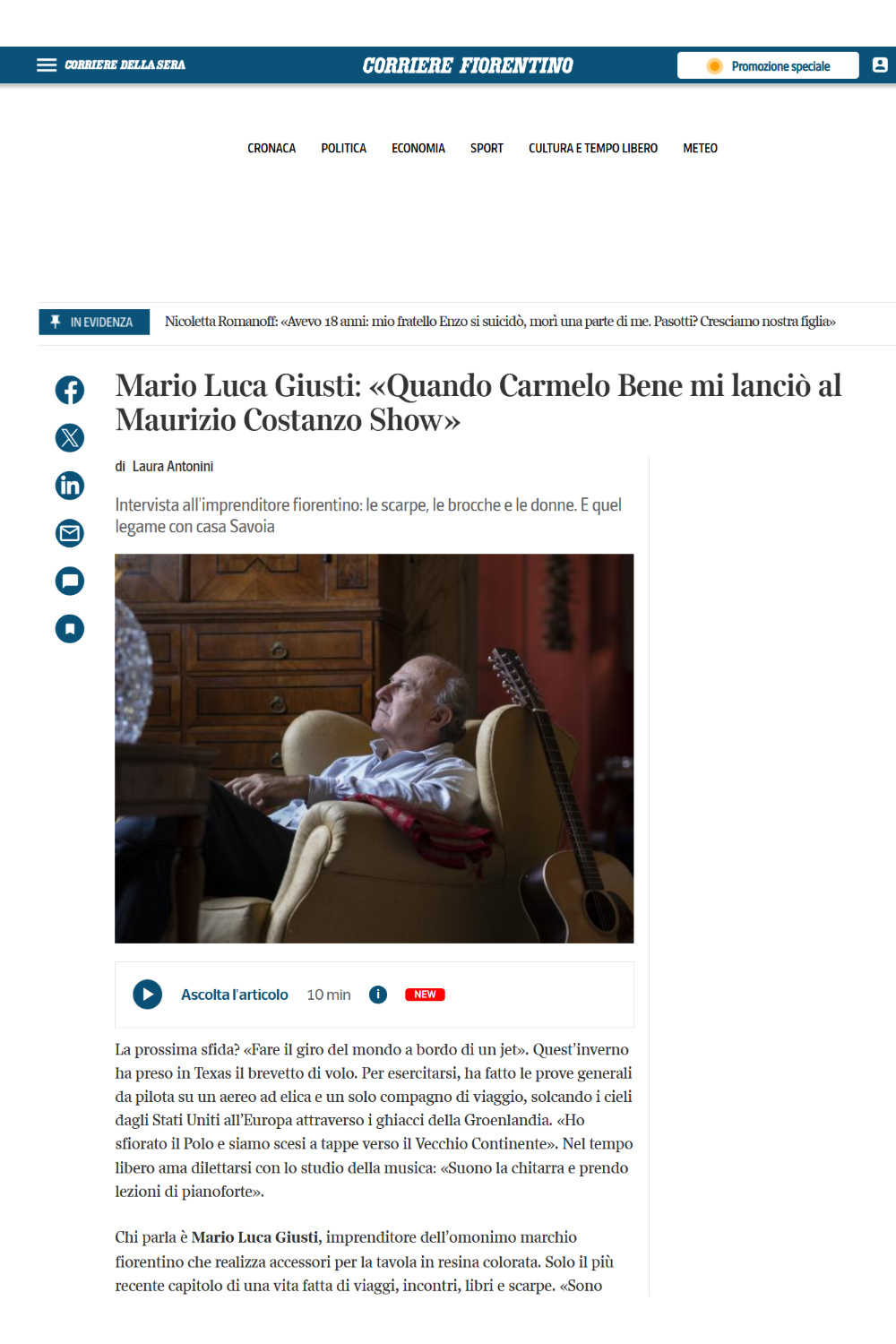 Mario Luca Giusti: «Quando Carmelo Bene mi lanciò al Maurizio Costanzo Show»